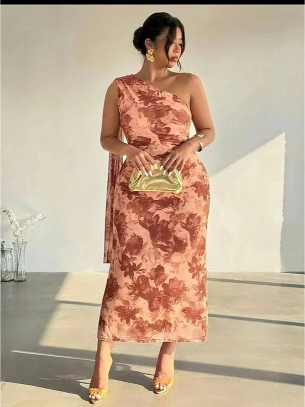 Pink & Brown Floral One-Shoulder Midi Dress